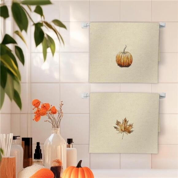Fall Pumpkin Kitchen Towels - Set of 2, Vintage‎ Pumpkin Maple Leaves Decorative - Picture 2 of 8